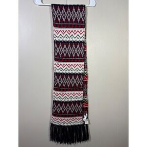 Maurices Fair Isle Knit Scarf Metallic Red Navy White Geometric Fringe Cozy‎